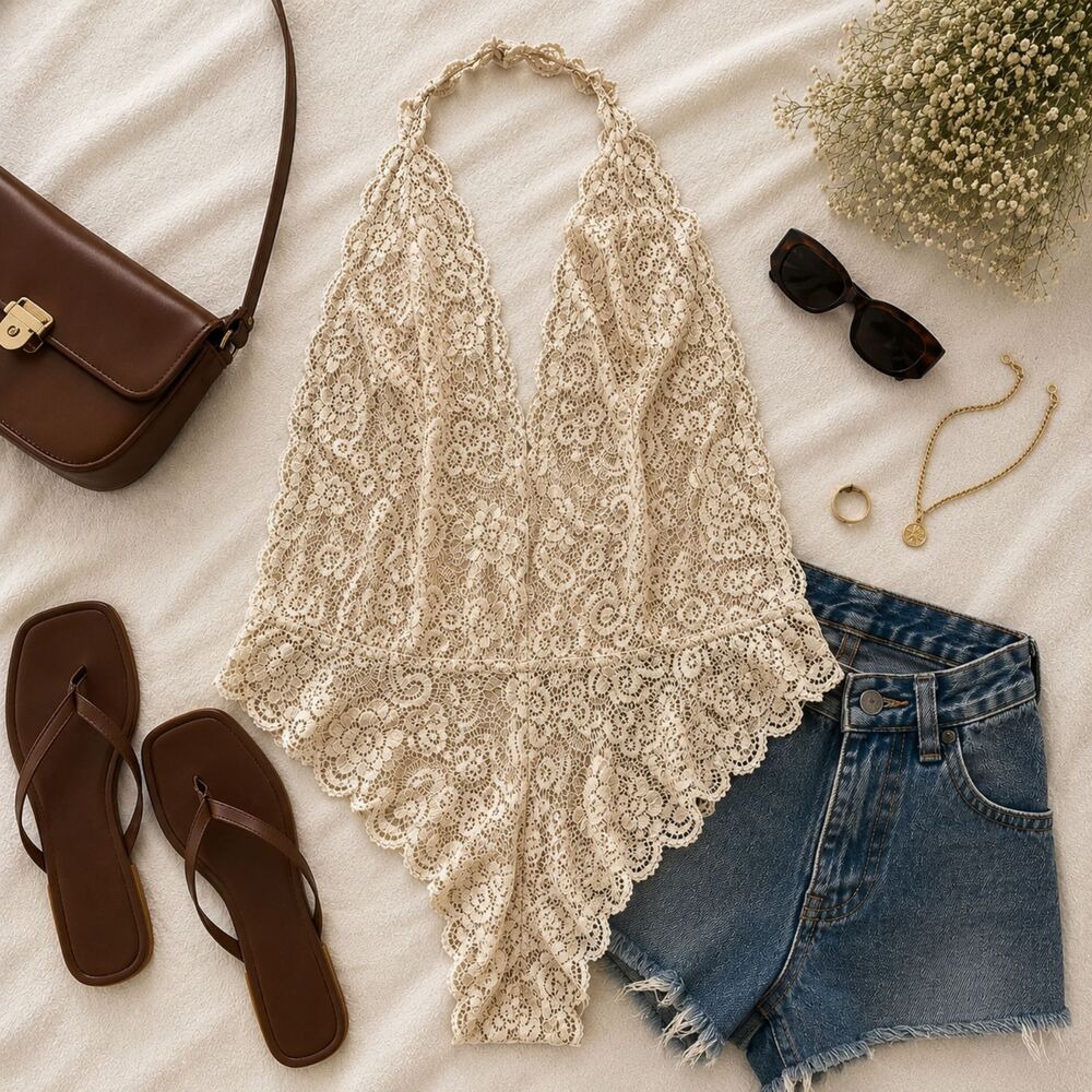 Haute Monde Nude Lace Bodysuit with Halter Top Size L